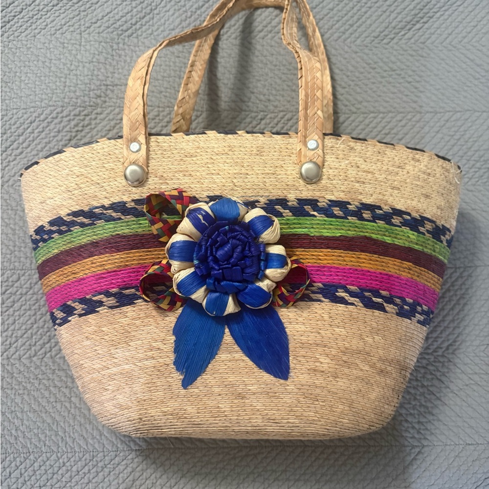 Natural Straw Tote with Bright Blue Floral Accent
